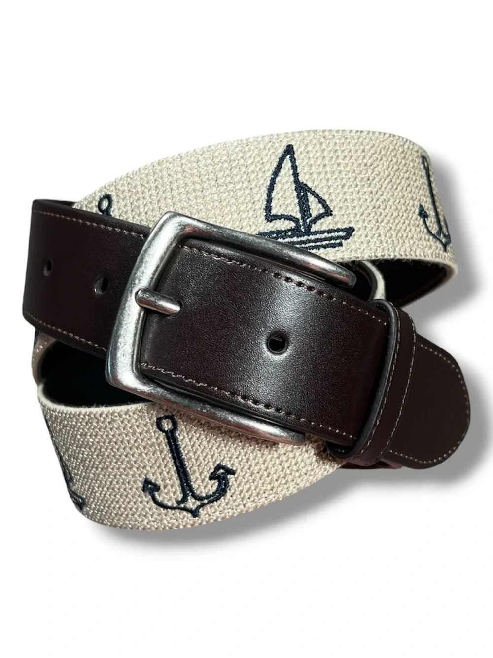 New Original Penguin Men's Belt Nautical Needlepoint Brown Leather Size 34 Golf